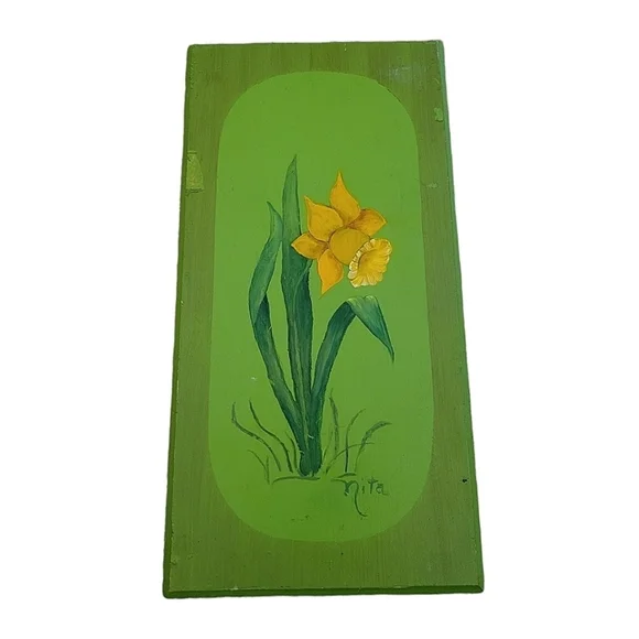 Vintage - 70's Green Hand Painted Signed‎ Daisy and Tulip Paintings Set of 2